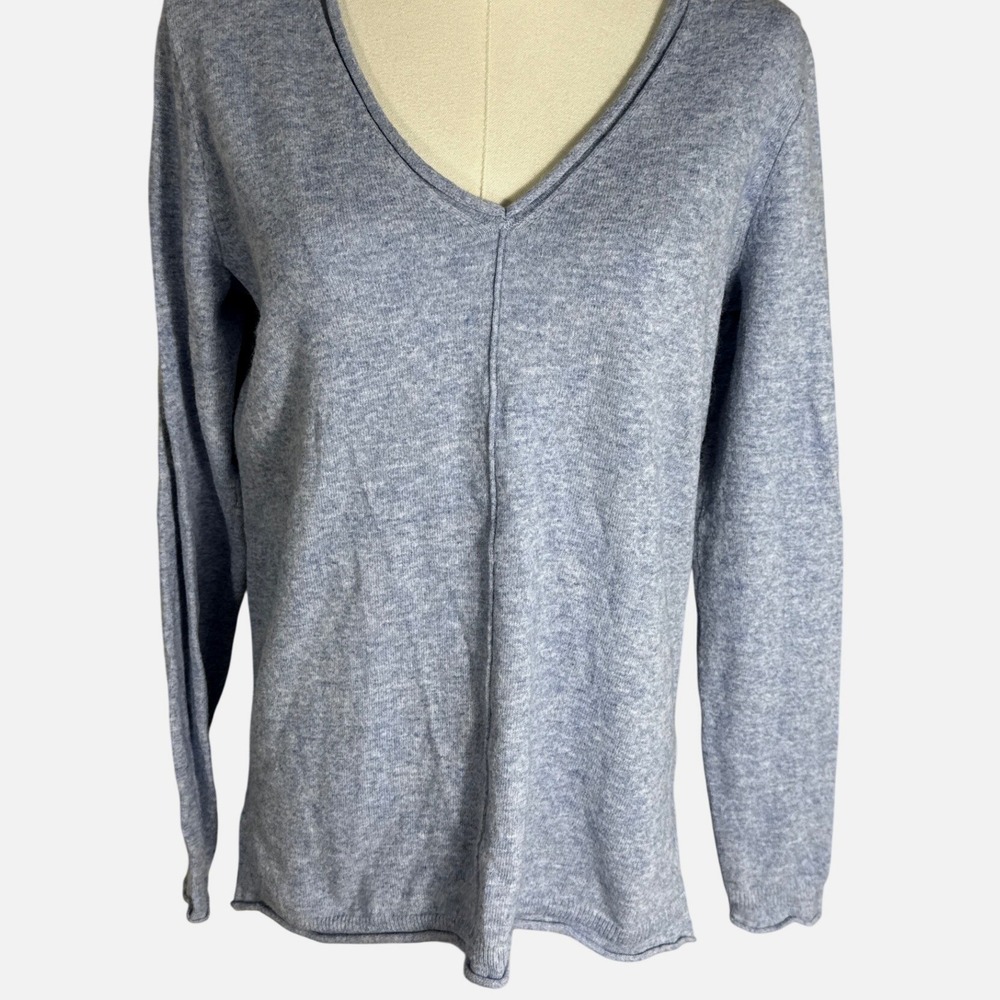 J.Crew Blue Heathered Cotton Wool Blend V-Neck Seam Detail Sweater Small